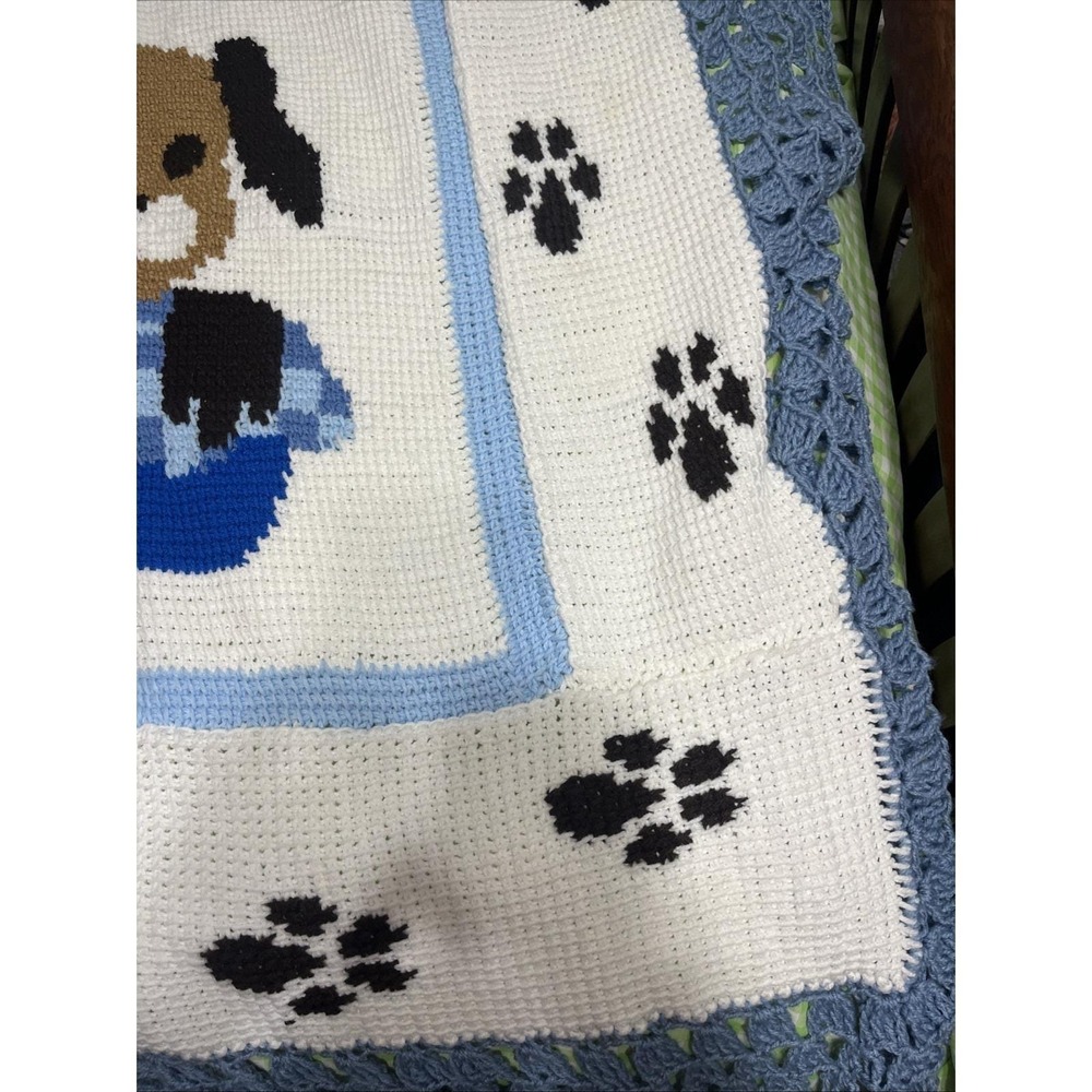 Crochet Blue White Brown Baby Blanket Afghan Handmade Puppy Dog 50x60" - Picture 5 of 10